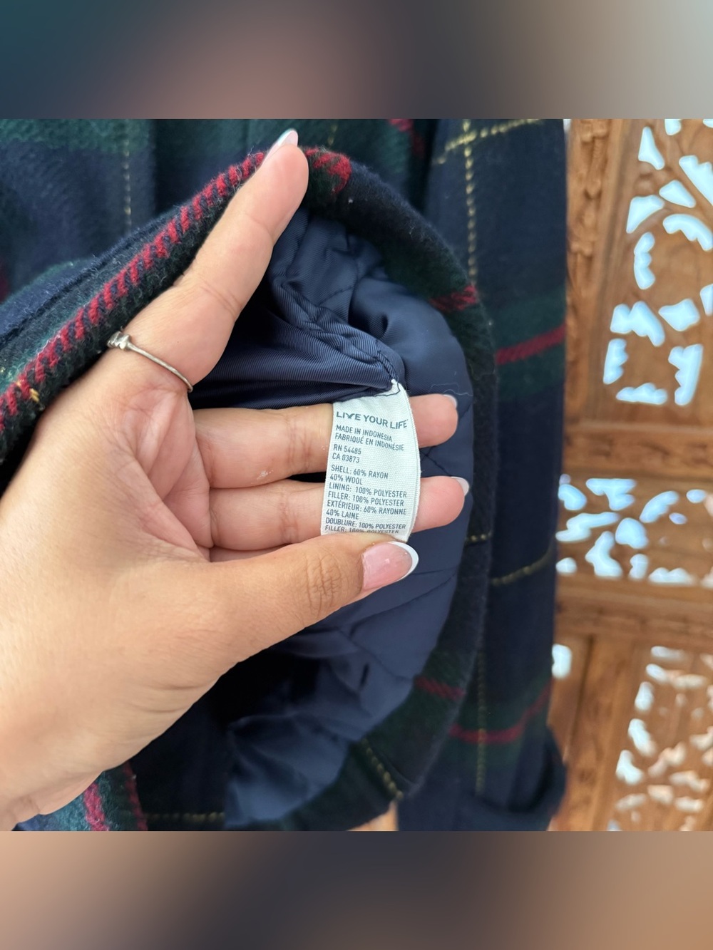 American Eagle Y2K Plaid Belted Wool Peacoat. Navy Green Red - Picture 4 of 9